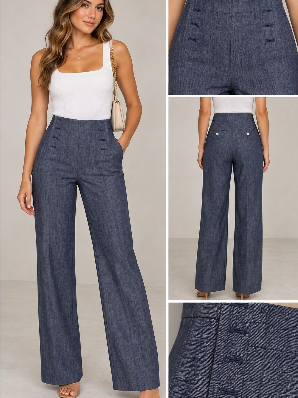LOFT High-Waist Wide-Leg Chambray Pants in Blue